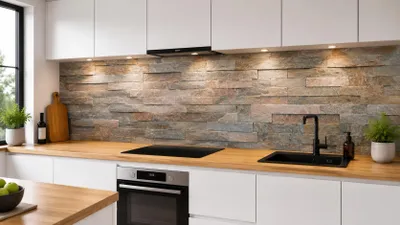 Productafbeelding van Wandpaneel voor keuken, steenlook, 5 mm acrylglas als spatbescherming. Waterdichte keukenwand, inclusief UV-directprint en witte achtergrond. Afmetingen: 260 x 60 cm