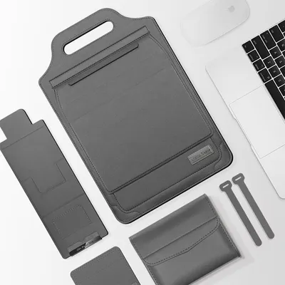 Immagine prodotto di Borsa per laptop 5-in-1 con supporto, tappetino per mouse e tasca per accessori, impermeabile, per laptop da 13-14 pollici, colore grigio