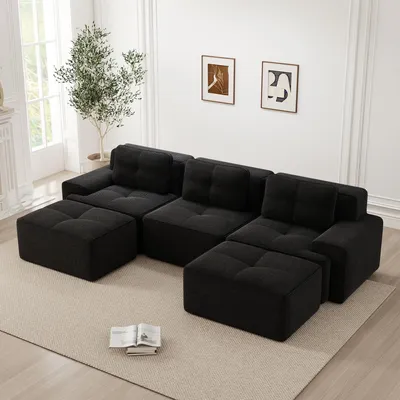 Produktbild von Modulsofa Boneless U-förmiges Sofa, Modulares Sofa mit Ottoman, Modulares Cloud-Sofa, 3-Sitzer Corduroy Sofa,Montagefreies Sofa für Wohnzimmer,Schwarz