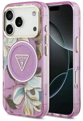 Zdjęcie produktu dla Etui Guess IML Glitter Flowers do iPhone 18 Pro / 17 Pro fioletowy