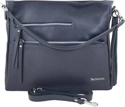Produktbild von Handtasche Naturleder Marineblau DIN-A4-Format mit Fransen, abnehmbarem Riemen, H 27 x B 34 x T 13 cm