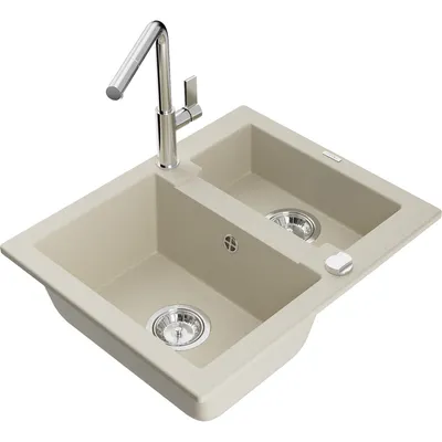 Zdjęcie produktu dla Mexen Carlos zlewozmywak granitowy 1,5-komorowy z baterią kuchenną Flora, beżowy - 6518-69-670401-00
