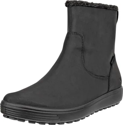 A studio shot of a single black boot on a white background.
