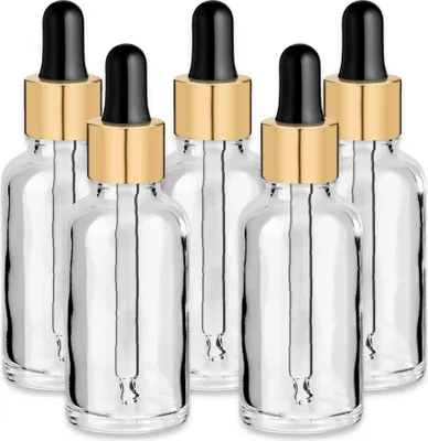 Produktbild von x5 Glasflasche klar 30 ml mit goldener Aluminiumpipette Nachfüllbar