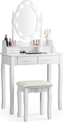 Immagine prodotto di Set da toeletta classico con sgabello, lampadine a LED, tavolo da trucco 75 x 40 x 146 cm bianco