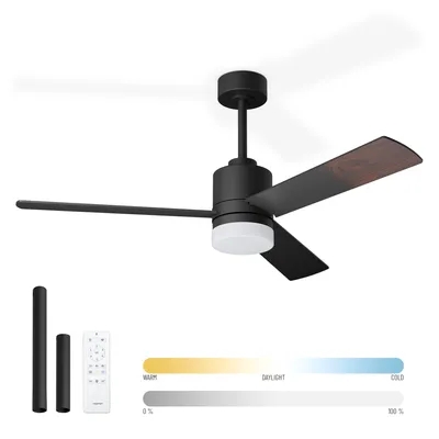A modern black ceiling fan with wood-grain accents and an integrated LED light.