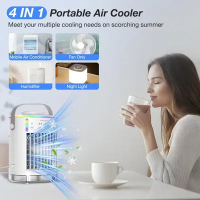 Produktbild von Tragbarer Luftkühler, 4-in-1-Mini-Klimagerät, 2 Einstellungen für kühlen Nebel, 4 Windgeschwindigkeiten, 7 RGB-Lichtfarben und Timer – persönlicher Ventilator für Zuhause, Büro usw.