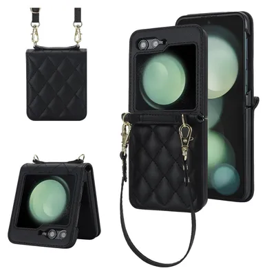 A collage of a black quilted phone case with a crossbody strap, shown from different angles.