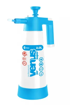 A white and blue KWAZAR Venus Super 360 sprayer is shown against a white background.