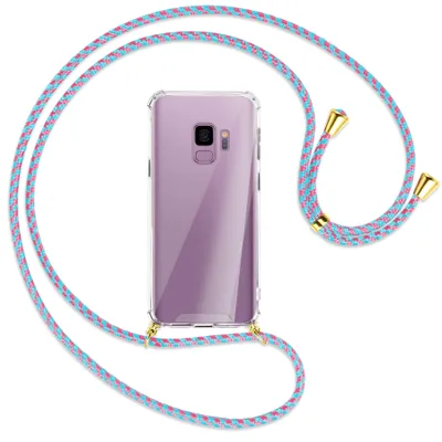 Produktbild von Handykette Backcover-Schutzhülle mit Band (Metall goldfarben) für Samsung Galaxy S9 - pink/mint