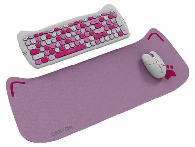 A pink and white cat-themed keyboard, mouse, and mousepad set is displayed on a white background.