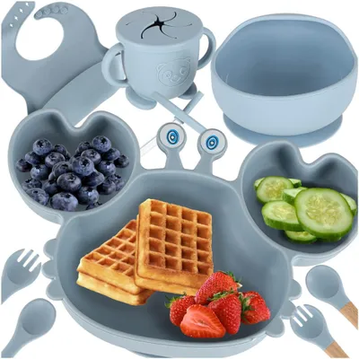 Productafbeelding van Siliconen set voor babyvoeding, 9-delig, krabmotief, blauw