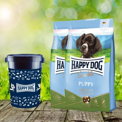 Produktbild von Happy Dog Sensible Puppy Lamm & Reis 2 x 10 kg + Happy Dog Futtertonne 43 Liter geschenkt