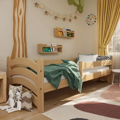 Produktbild von Kinderbett Nora mit Rausfallschutz und Lattenrost | 160x80 cm | Kiefer, 100% Massivholz, natürliche Maserung | für Kinder, universell, stabil, bequem