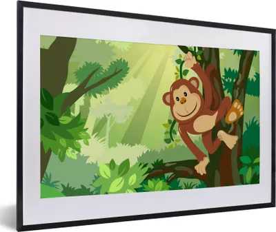 Produktbild von MuchoWow® Gerahmtes Poster Affe - Dschungel - Jungen - Mädchen - Blumen - Kinder 60x40 cm - Poster mit Schwarzem Bilderrahmen Wandposter Rahmen Foto Bilder - Schlafzimmer - Plakat in Rahmen - Drucken