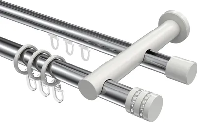 Produktbild von Interdeco Rundrohr-Innenlaufstange / Gardinenstange (Kombination) Chrom / Weiß, Typ Platon Estana (Glitzerkappe), 20 mm Ø 2-läufig, 540 cm