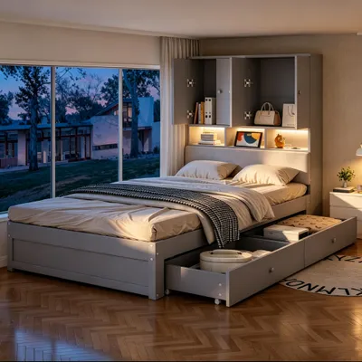 Produktbild von Polsterbett 180x200cm mit Stauraum, 2 Nachttischen, Leselicht, USB und Type C, Samt Beige, Bettgestell mit Lattenrost für Schlafzimmer