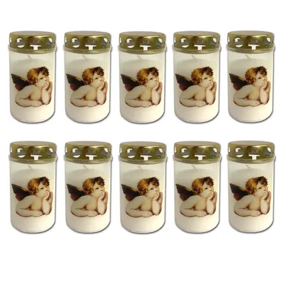 Produktbild von 10er Grablicht Set Weiss mit Deckel | Grabkerzen mit Engel Motiv | Friedhofskerzen Grablichtkerze | Trauerlicht Gedenkkerze | Grabdekoration Grabdeko