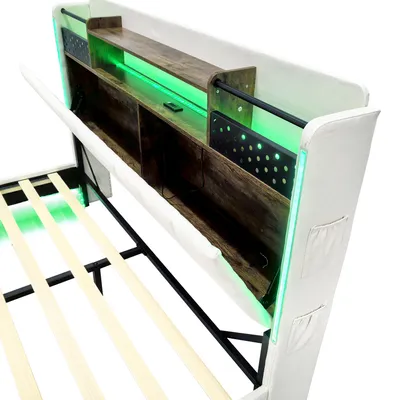 Produktbild von Merax Polsterbett 140x200cm mit LED und USB Steckdose, Schwebebett mit Stauraum Kopfteil, Jugendbett Erwachsenenbett aus Leinen mit Lattenrost, Beige