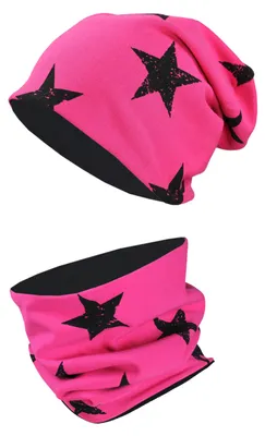 Produktbild von TupTam Unisex Kinder Beanie Mütze Schlauchschal Set, Farbe: Sterne Schwarz / Pink, Größe: 50-52