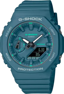A close-up studio shot of a teal Casio G-Shock watch.
