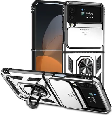 Image de Galaxy Z Flip3 Cover with slide camera protection and ring holder stand Robuste armure Housse de protection pour Samsung Galaxy Z Flip 3 5G Silver