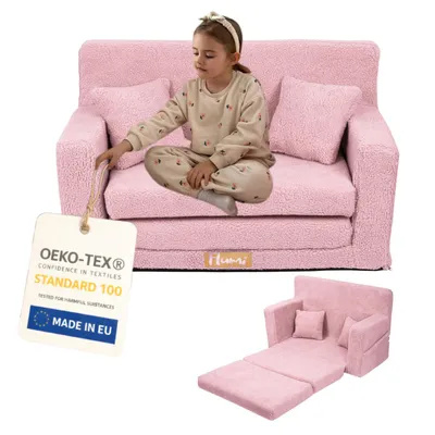 Produktbild von Flumi Kindercouch Kindersofa Spielsofa mit Schlaffunktion für Kinderzimmer - Schlafsessel mit Bettfunktion – Teddy Rosa