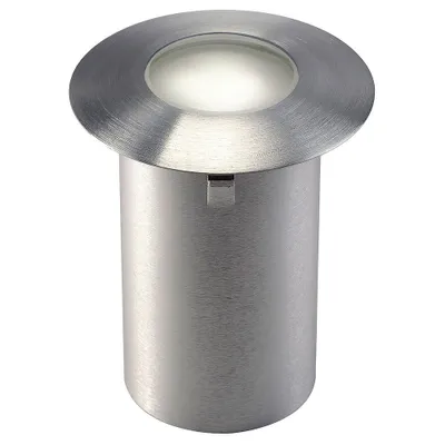 A recessed floor light with a brushed metal finish and a frosted glass top.