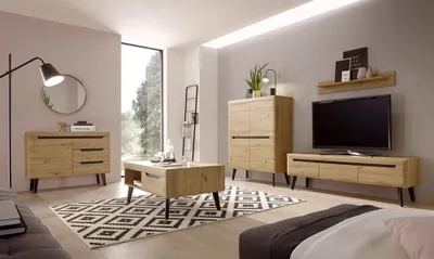 Produktbild von Wohnzimmer Set TIROL-61 in Eiche Artisan mit Schwarz  skandinavisches Design, mit Couchtisch und Sideboard