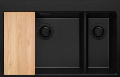 Produktbild von PRIMAGRAN Spülbecken Alles Schwarz 78x50cm, Granitspüle 2 Becken + Ablauf-Set + Schneidebrett, Küchenspüle ab 80er Unterschrank - Oslo Duo