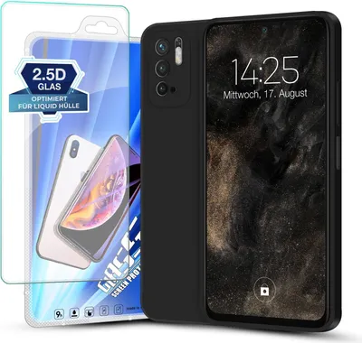 A black smartphone case and a screen protector are displayed side-by-side against a white background.