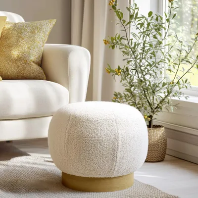 Image de AGATHE - Pouf rond en tissu bouclette blanc D47cm