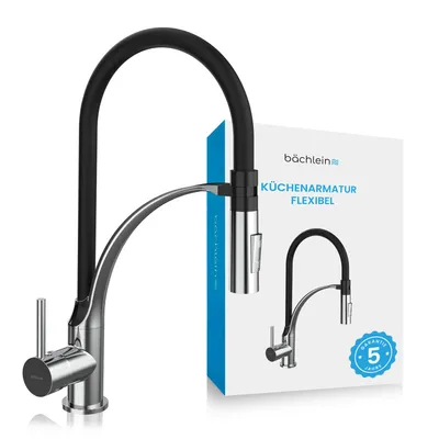 Produktbild von Bächlein Küchenarmatur 360 Grad schwenkbar (gebürsteter Edelstahl) – Einhand-Spültischbatterie mit flexiblem Hals und Brause mit Umschalt-Taste, Küchen-Wasserhahn mit magnetischer Halterung
