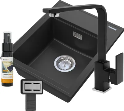 Obrázok produktu pre Granitan – granitový drez – kuchynský drez – 50 × 40 cm – čierny – s batériou NOOK a sifónom – drez – ALOR