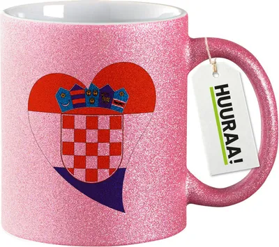 Produktbild von Huuraa Glitzertasse Kroatien Flagge Herz 330ml Pink Keramik Kaffeebecher Geschenkidee
