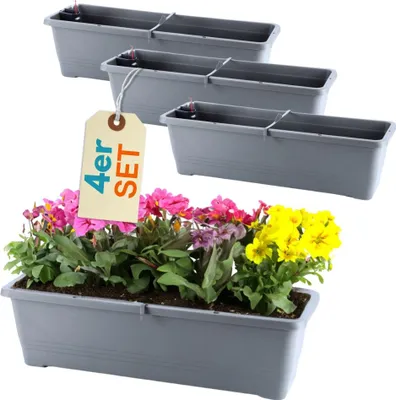 Produktbild von 4er Set Blumenkasten mit Wasserspeicher Blumenkasten Fensterbank Pflanzkasten Outdoor Wasserstandsanzeiger Gießschacht Bewässerungsband 60 cm Anthrazit