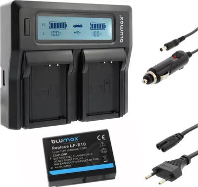 Produktbild von 1x Akku + Lader für Canon LP-E10 EOS 1100D 1200D 1300D 2000D 1020 mAh (7,2V)