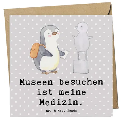 Produktbild von Mr. & Mrs. Panda doppelkarte Pinguin Museum besuchen - Grau Pastell - Geschenk, Museen, anlasskarte, Klappkarte, Glückwunschkarte, faltkarte, Grußkarte