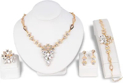 Produktbild von Frauen-Strass-Trauben-Anhänger-Halsketten-Ohrstecker-Ring-Armband-Schmuck-Set-Weiß