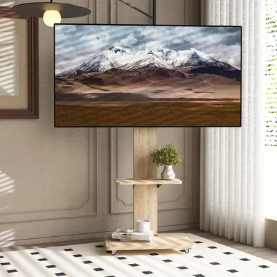 Image de Meuble TV avec étagère, meuble TV mobile pour téléviseurs de 32 à 75 pouces, meuble TV réglable en hauteur, support sur pied avec roulettes verrouillables, couleur naturelle