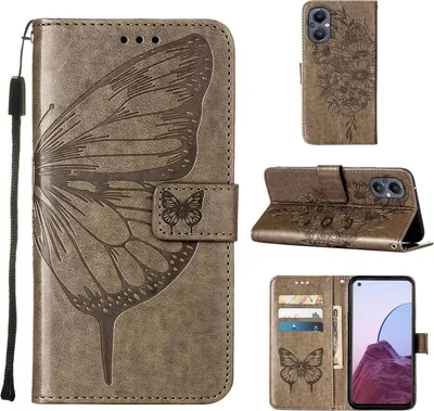 Produktbild von OnePlus Nord 20 5G Hülle, Schmetterling Prägung Flip Leder Kartenfächer Schutzhülle Ledertasche mit Ständer für OnePlus Nord 20 5G Grau