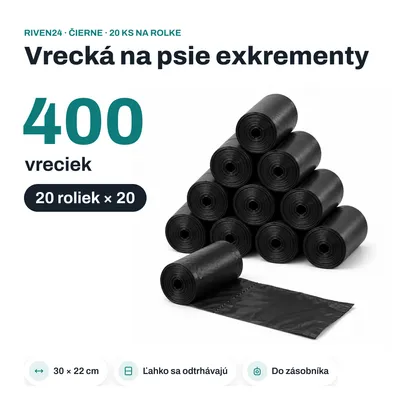 Obrázok produktu pre RIVEN24 Vrecká na psie exkrementy čierne, 400 ks (20 roliek × 20), 30 × 22 cm, do zásobníka