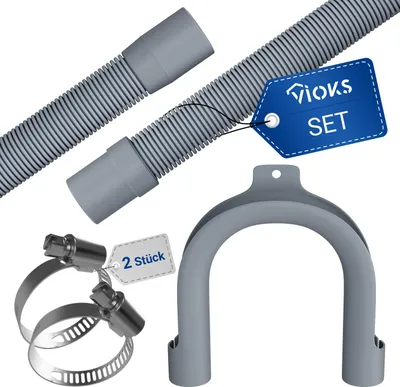 A set of washing machine drain hose accessories, including a hose, clamps, and a holder, laid out on a white background.