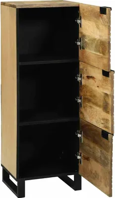 A tall, narrow cabinet with two doors, shown from the front-left with the doors open.