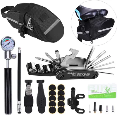Produktbild von Topchances Reparaturset Fahrrad Reifen Reparaturset mit Satteltasche, 210 PSI Mini Bicycle Pump, 16 In 1 Multitool, 3 In 1 Reifenheber, 10 Fahrrad Flicken (Set)