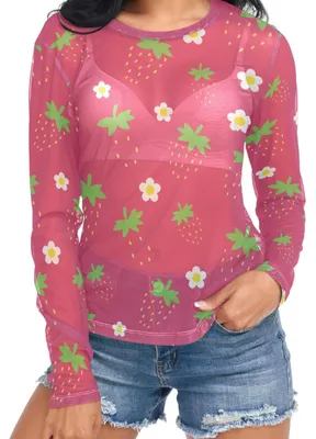 Imagen del producto de Top de malla con estampado de fresas, estilo "kawaii", manga larga