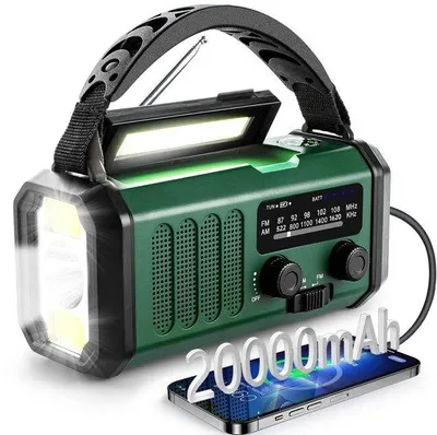 Zdjęcie produktu dla Radio awaryjne Unyqoos® o pojemności 20 000 mAh – FM/AM, ładowanie solarne i korbką, powerbank, latarka (do 160 godzin), syrena alarmowa SOS, lampka do czytania i kompas – idealne do campingów i w przypadku przerw w dostawie prądu
