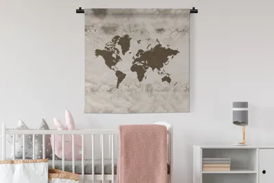 Produktbild von MuchoWow® Wandteppich Wandbehang Weltkarte - Blumen - Grün 90x90 cm Tapisserie Dekoration Wandtuch - Wandaufhänger