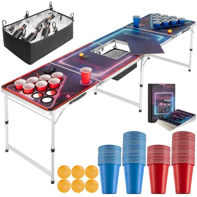 Immagine prodotto di Tavolo da beer pong in alluminio tectake® BeerWars II con vano ghiaccio, fori per i bicchieri e illuminazione a LED, comprensivo di 100 bicchieri, 6 palline e gioco di carte