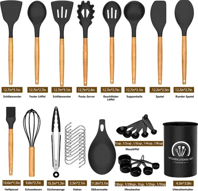 Produktbild von Silikon Kochgeschirr Set, Küchengerät 34 Stück Küchenhelfer Set, Antihaft Hitzebeständiger Silikonspatel Set, Küchenutensilien mit Hochwertige Holzgriffe Schwarz